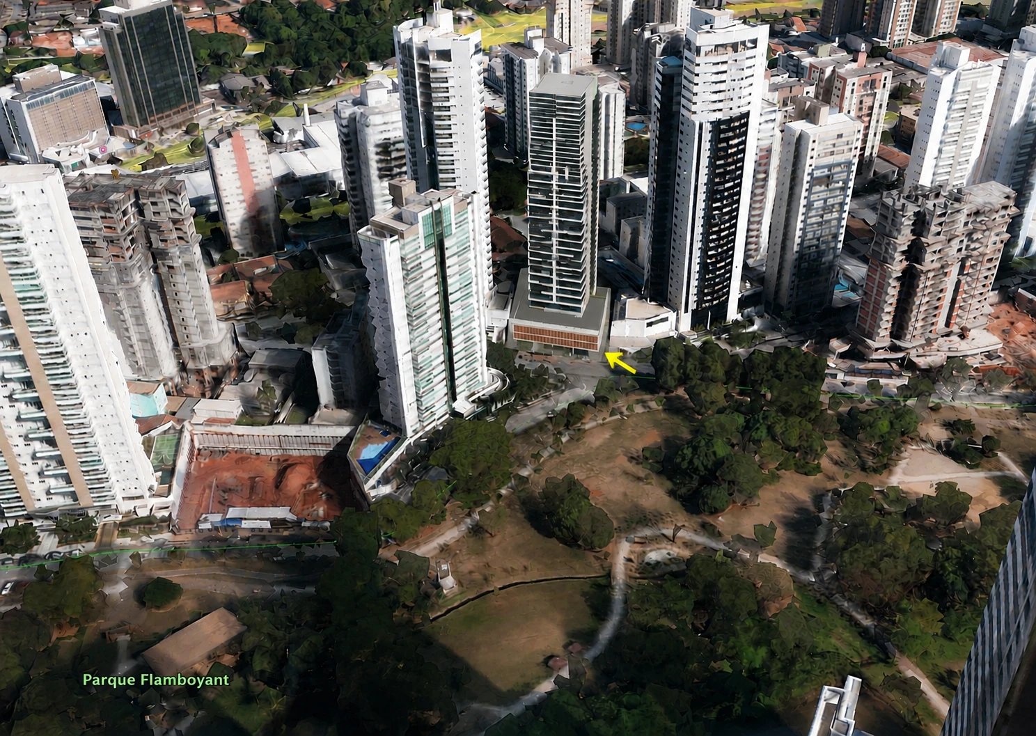 Vista aérea com a localização do Quasar Flamboyant ao lado do Parque Flamboyant